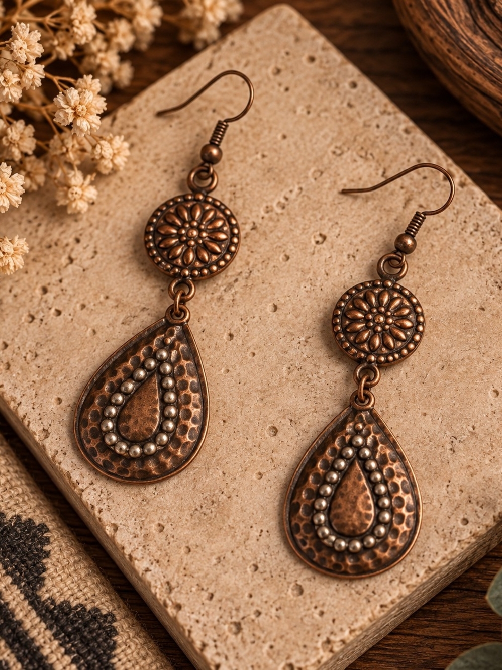 Vintage-Inspired Copper Teardrop Dangle Earrings Boho Western New